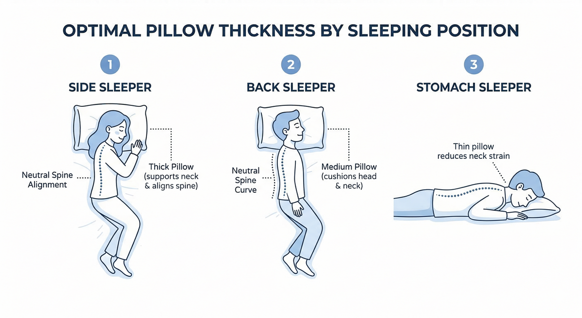 Side back and stomach sleeping positions showing correct pillow height for each sleep style